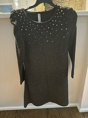 Pearl Embellished Dark Grey Mini Dress Women XS